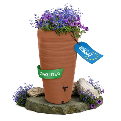 Produktbild von YourCasa Regentonne 240 Liter [Wave Design] Regenfass Frostsicher aus Kunststoff - Regenwassertonne mit Wasserhahn Bepflanzbar