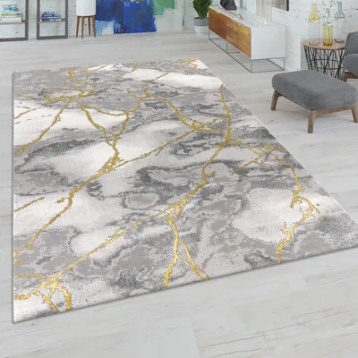 Produktbild von Wohnzimmer-Teppiche Grau Gold Weich Marmor Optik Kurzflor mit vers. Designs Grösse 80x150 cm