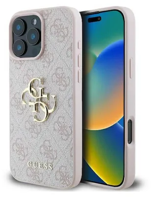 A pink hard case for an iPhone 16 Pro with the Guess logo.