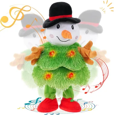 A plush snowman toy dressed as a Christmas tree, with musical notes and sound waves depicted around it.