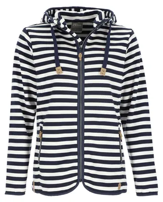 Produktbild von modAS Damen Fleecejacke mit Blockstreifen - Gestreifte Jacke mit Kapuze und maritimen Details in Blau-Weiß Größe 46