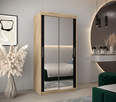 Produktbild von Schwebetürenschrank mit einer Breite von 100 cm TIMEA 3 – Eiche Sonoma / Schwarz