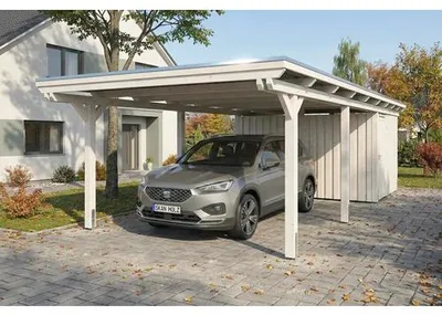 Produktbild von Einzelcarport SKAN HOLZ Emsland inkl. Abstellraum, EPDM Folie, Pfostenanker 402 x 846 cm weiß