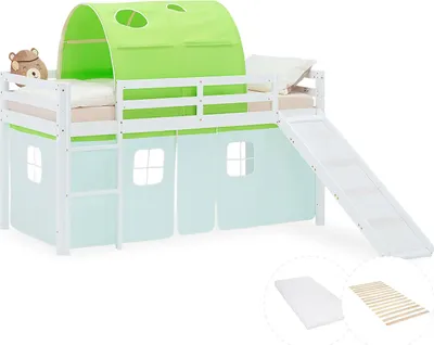 Image de Lit superposé 90x200 cm avec Toboggan Matelas Lit mezzanine en Bois Pin Massif Lit d'enfant Rideau Tunnel Vert Sommier