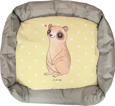 Produktbild von Mr. & Mrs. Panda Katzenbett Plumplori Glücklich - Gelb Pastell - Geschenk, Glück, Niedlich, Katzenkorb, Lustige Sprüche, Katzenkissen, Katzencouch, Katzensofa