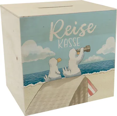 Produktbild von Möwen Spardose aus Holz mit Spruch Reisekasse
