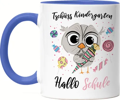 Produktbild von Tschüss Kindergarten Hallo Schule Tasse Blau Einschulung Grundschule Süßes Eulen-Motiv