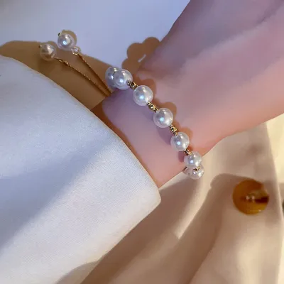 Produktbild von Damen-Armband, Perlen-Temperament, geometrisch, galvanisch, verstellbar, dekorativ, Geburtstagsgeschenk, Mädchen, Kunstperlen-Manschettenarmband, Modeschmuck für Tochter