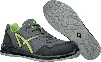 A pair of safety shoes, with one shoe shown from the side and the other from the sole.