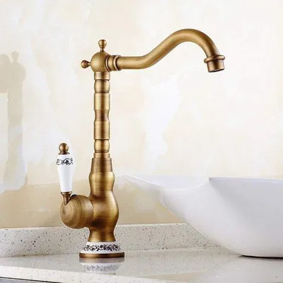 Obrázek produktu pro Retro kuchyňská baterie - baterie - kuchyňská baterie s hranatou výlevkou - mosazná baterie - rustikální styl - včetně připojení G3/8 - keramická páka