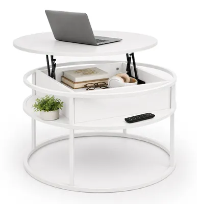 Image de Relaxdays, table basse avec rangement, dimensions (H x D) : 47 x 80 cm, plateau relevable, en MDF et métal, table ronde pour canapé, table d'appoint, blanche