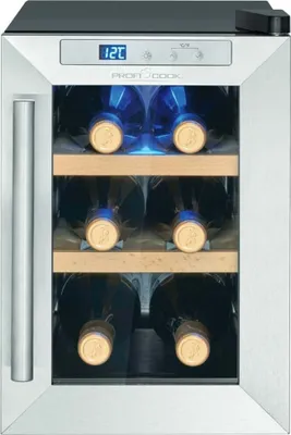Produktbild von ProfiCook® Weinkühlschrank für 6 Flaschen, Getränkekühlschrank mit UV-beständiger Glastür, mit LED-Beleuchtung u. 3 Lagerebenen davon 2 herausnehmbar, Bereich: 11-18°C, 17L - PC-WK 1231