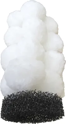 A filter insert with white filter balls and a black filter sponge.