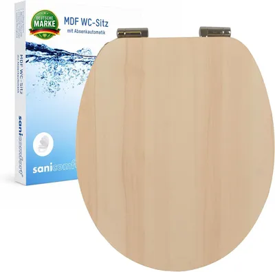Produktbild von sanicomfort WC Sitz Maple matt lackiert, MDF Holzkern, mit Absenkautomatik, Toilettensitz mit Klodecken, Klobrille und Deckel, verchromte Metallscharniere, einfache Montage