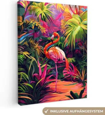 Zdjęcie produktu dla MuchoWow® - Obraz na płótnie - Flaming - Tropikalny - Zwierzę - Liście, fototapeta, dekoracja ścienna, obrazy do salonu, 60x80cm
