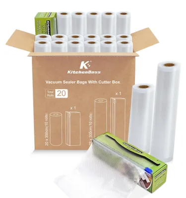 Produktbild von KitchenBoss 20 Rollen Vakuumierbeutel mit 2 Schneideboxen:Vakuumierfolie 20x300c