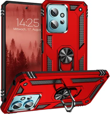 A red phone case with a ring holder is displayed from multiple angles, with a phone screen visible in one angle.