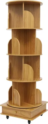 Immagine prodotto di Libreria a torre girevole - Scaffale in piedi - 4 livelli - 16 ripiani - Girabile a 360° - 4 ruote con freno - Portata massima 35 kg - Interasse ripiani 30 cm - Colore legno chiaro
