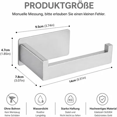 Image de Porte-rouleau de papier toilette adhésif, en acier inoxydable, avec 4 crochets, sans perçage, pour salle de bain et cuisine