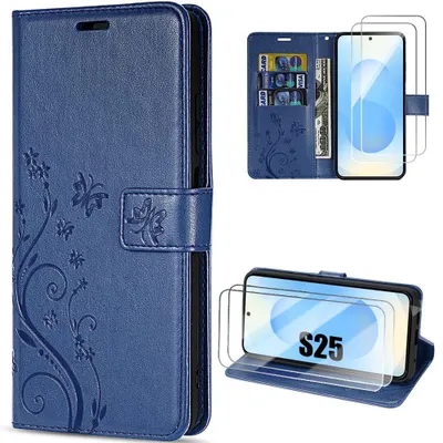 Image de Coque + 2 Verres Trempés pour Samsung Galaxy S25, Protection Cuir Synthétique Bleu Marine Motif Papillon Fleurs