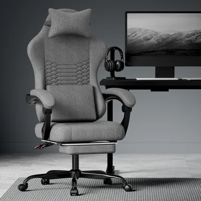 Zdjęcie produktu dla Krzesło gamingowe Krzesło biurowe Krzesło gamingowe z masażem i zagłówkiem Ergonomiczne krzesło gamingowe do wyścigów z podnóżkiem Ciemnoszare