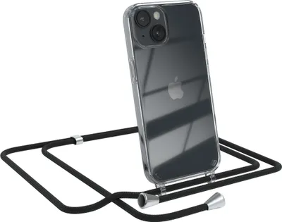 A clear phone case with a black lanyard attached, shown against a white background.