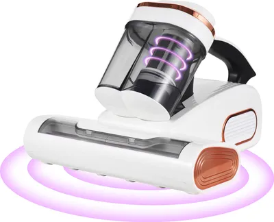 A white and copper handheld vacuum cleaner with a transparent dustbin, shown against a white background with purple light effects emanating from the bottom.