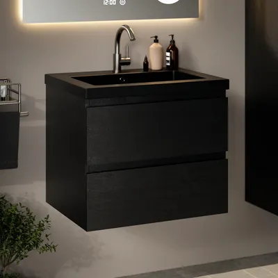 Produktbild von Mirlux Badezimmermöbel-Set Schwarz Eiche 60 cm – Schwarz Waschbecken – Badezimmermöbel-Set – Waschtischunterschrank Eiche Schwarz
