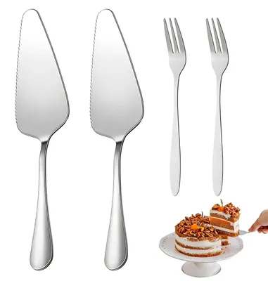 Image de Ensemble de 4 couverts à gâteau – avec lame de coupe et fourchettes à dessert – couverts de service pour gâteaux et pizzas – en acier inoxydable