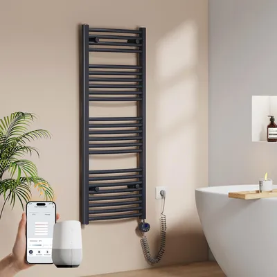 A bathroom scene with a towel warmer, a bathtub, and a plant.