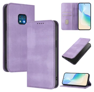 A collage of images showing a purple flip phone case from different angles, including one with a phone inside and another showing the card slots.