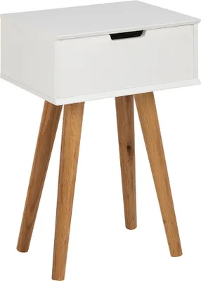 Immagine prodotto di Comodino Mike con 1 cassetto bianco e gambe in legno di rovere.