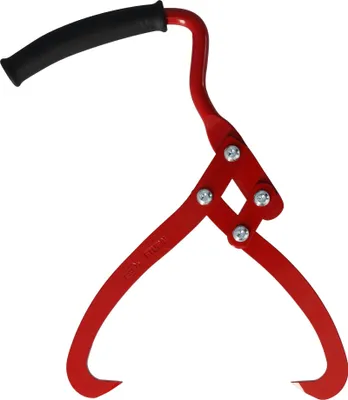 A red log grabber with a black handle is shown against a white background.