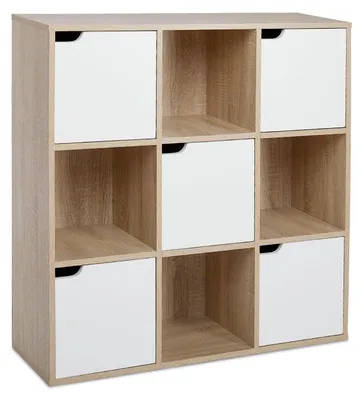 Produktbild von Bücherregal 9 Fächer, 4 offen + 5 Türen, Eiche, 90x30x90 cm, Eichefarben
