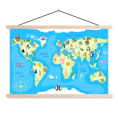 Obrázek produktu pro MuchoWow® Textilní plakát - Mapa světa - Dítě - Zvířata - Modrá - Chlapci - Dívky - 120x80cm - S hnědými lamelami