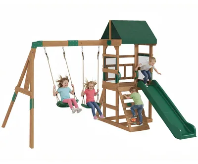 Produktbild von AIYAPLAY Spielturm Klettergerüst Schaukelgestell mit 194,5cm Rutsche 2 Schaukeln