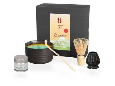 Produktbild von Matcha Set / Matchaset / Matcha Schale 500ml anthrazit/türkis, mit Besen/Löffel/Halter und Tee in Geschenkbox