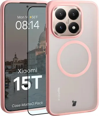 Produktbild von Schutzhülle mit Magnetring + gehärtetem Glas für Xiaomi 15T, Bizon MatteO Pack, Getönt-Hellrosa