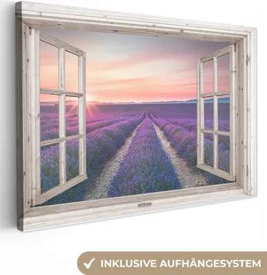 Obrázok produktu pre OneMillionCanvasses® - Obrazy na plátne - 140x90 cm, transparentné - Levanduľa - Kvety - Drevo - Západ slnka - Fialová, - Otvorené okno - Pohľad z okna Spálňa Art Print Nástenná dekorácia - Fotografia na plátne -