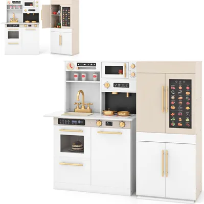 Produktbild von COSTWAY 2-in-1 Kinderküche, Spielküche aus Holz mit Kühlschrank, Herd, Kaffeemaschine,  Mikrowelle, Sprechfunktion, Licht&Sound, für Kinder 3+