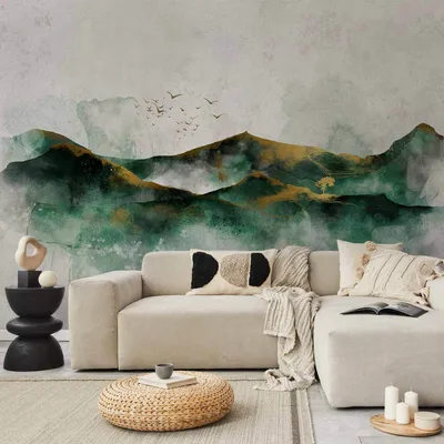 Produktbild von Vlies Fototapete - Abstract landscape - green mountains with golden patterns and birds 200x140 cm Landschaften c-A-0225-a-c