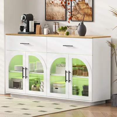 Image de Buffet/Armoire de cuisine : 147 x 40 x 86 cm, éclairage LED, plan de travail, 2 tiroirs, 4 portes, étagères intérieures