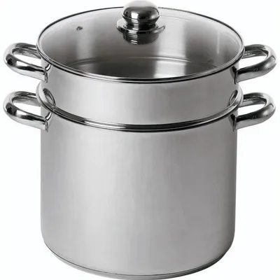 A stainless steel couscous cooker with a glass lid and two handles, shown from a slightly diagonal front view against a white background.
