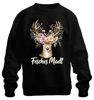 Produktbild von Fesches Madl Reh Hirsch Blumen Geweih Tracht Lederhose Alpen Sweatshirt Pullover, Schwarz, L