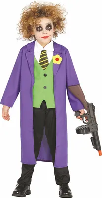 A child wearing a Joker-inspired costume, holding a toy gun.