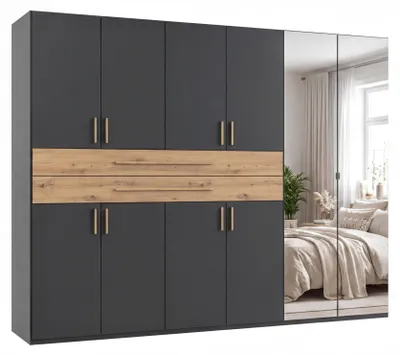 Produktbild von Drehtürenschrank Kleiderschrank 270 cm Grafit Schubkästen Spiegel Eiche Artisan / 22649
