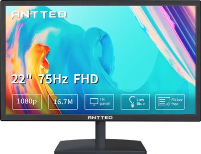 A computer monitor with marketing text and icons displayed on its screen.