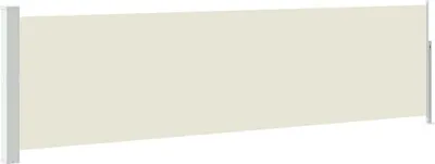 A cream-colored retractable side awning with gray support poles on either end, presented against a white background.