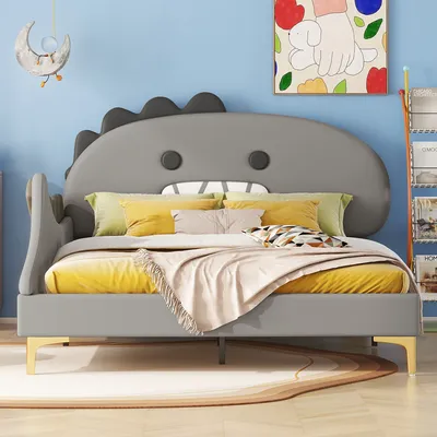A child's bedroom with a dinosaur-themed bed.