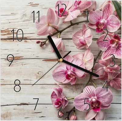 Produktbild von Wanduhr aus Glas mit Motiv Orchideen auf Holz- 30 x 30 cm - inkl. Aufhängesystem
